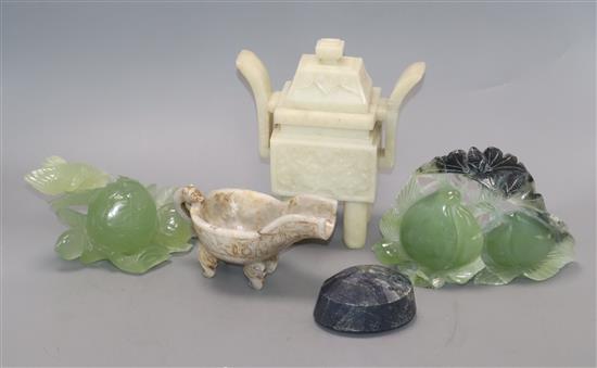 Two Chinese hardstone vessels, two carvings of peaches, and a stone paperweight